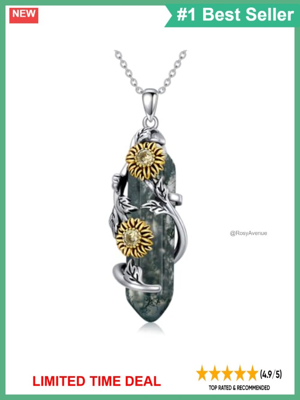 925 Sterling Silver Sunflower Necklace Natural Moss Agate Pendant Women